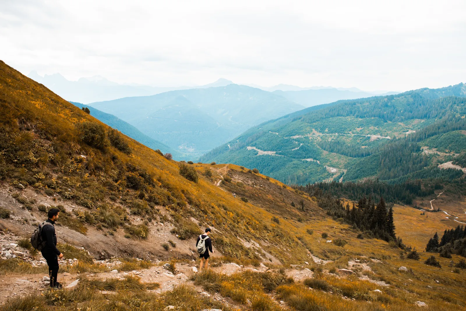 Golden evening light over forested ridges on a mountain trail near Chilliwack, British Columbia