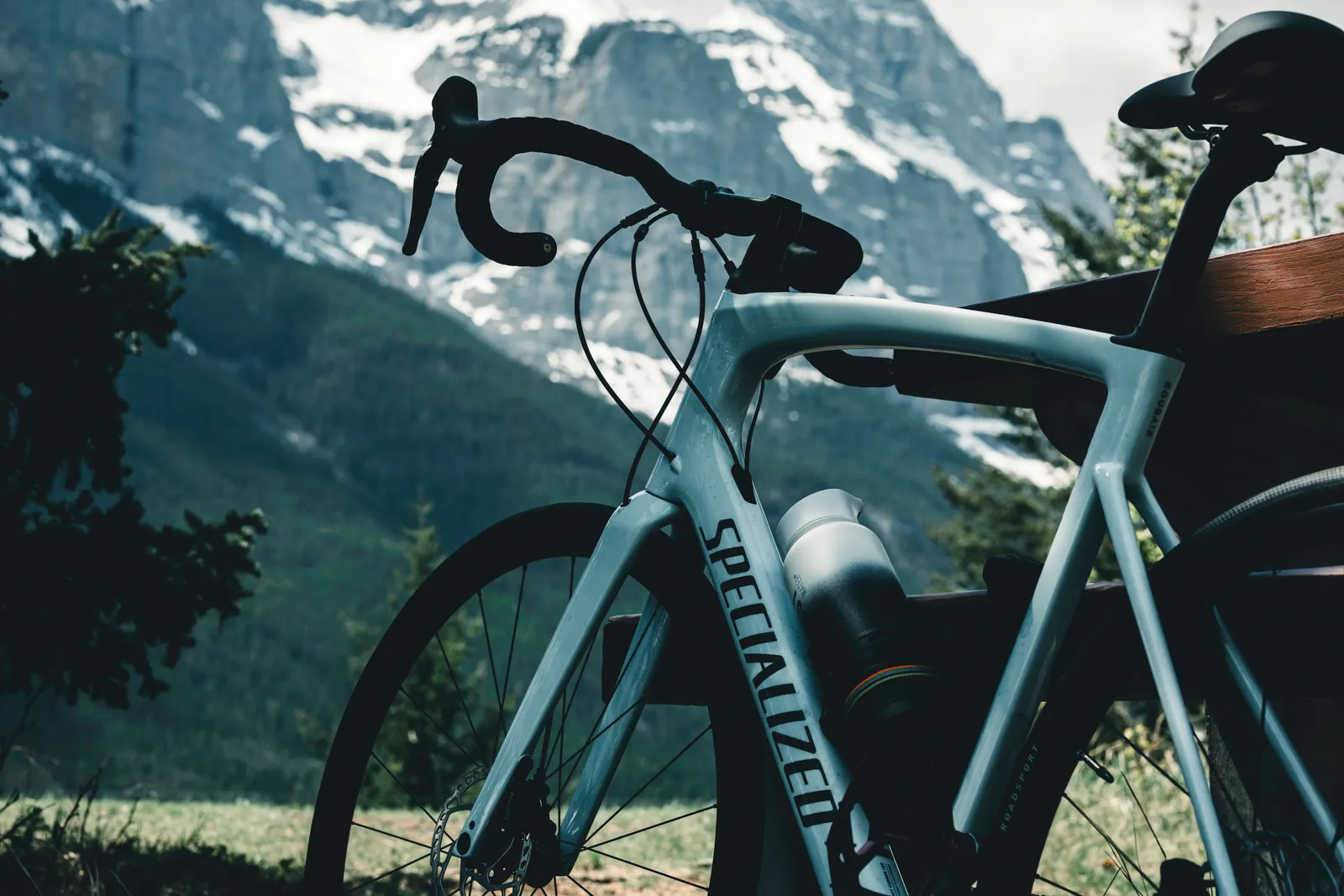 A loaded touring bicycle leaning against a railing with Rocky Mountain peaks behind